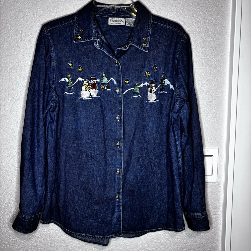 VTG Denim Winter Christmas Snowman Embroidered Button Up Shacket Shirt Sz Med